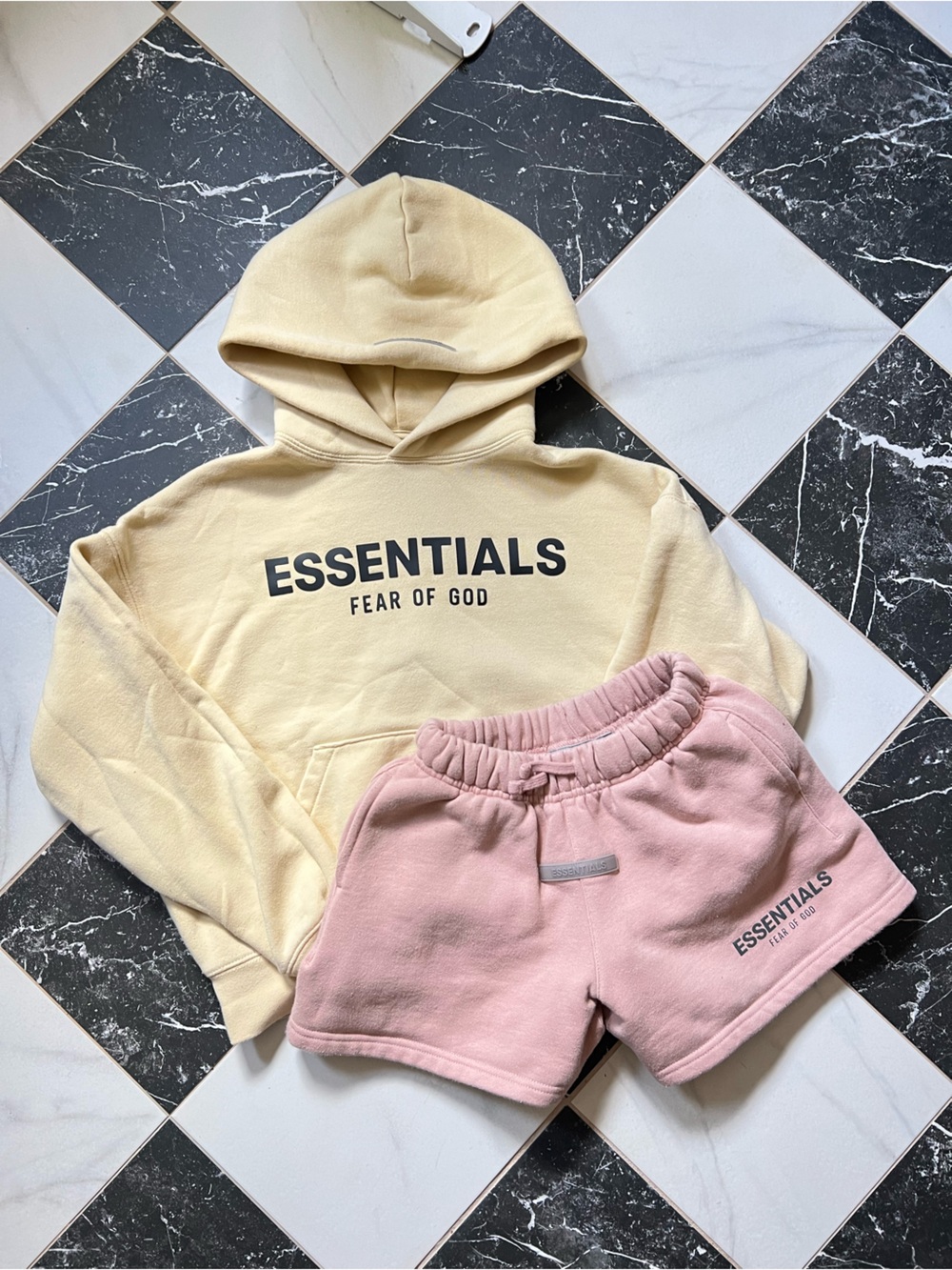 Essentials Pale Yellow Hoodie & Dusty Pink Shorts Set